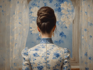 Porträt einer Dame in einem delfterblauen Kleid