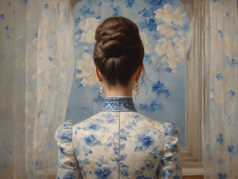 Een portret van een dame in een delfts blauw jurk van Jolique Arte