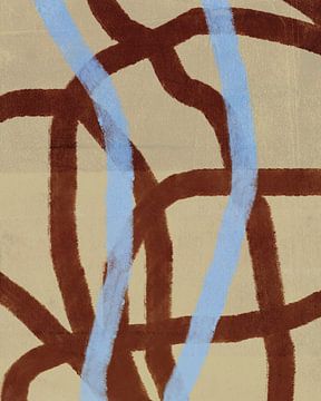 Retro 70s geïnspireerd schilderij met penseelstrepen in warm bruin, neonblauw en zacht geel van Dina Dankers