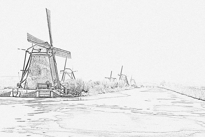Pentekening van besneeuwde traditionele molens op Kinderdijk in Nederland in de winter von Eye on You