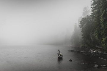 Landscape photo of a foggy misty lake with a statue of a mermaid by Jan Hermsen