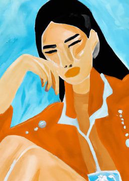 Illustration : portrait d'une femme en orange et bleu clair sur Studio Allee