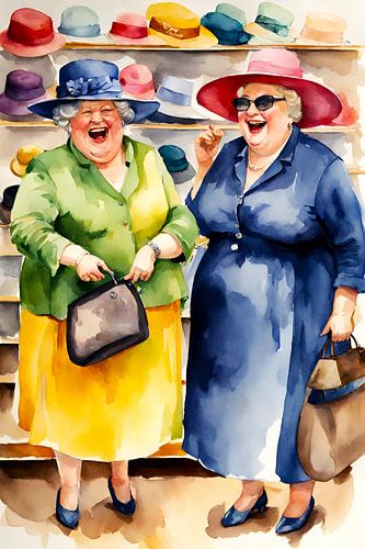 2 gezellige dames passen hoeden