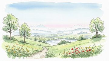 Aquarell-Landschaft mit Weg, See und Hügeln von Markus Gann