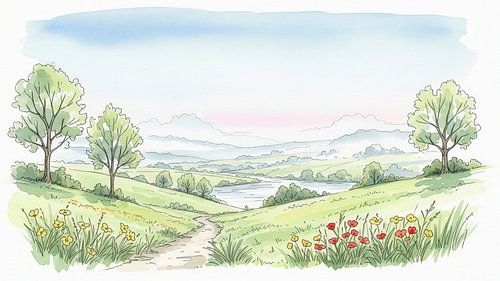 Aquarel Landschap met pad, meer en heuvels