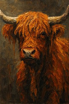 Roodbruine Schotse Hooglander met karakter (portret wilde koe krachtige hoorns dikke acryl verf penseelstreken stoer aards donker ) van Natalie Bruns