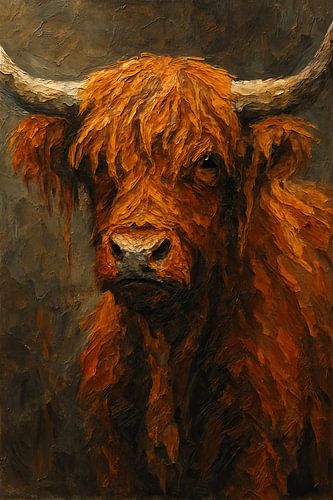 Roodbruine Schotse Hooglander met karakter (portret wilde koe krachtige hoorns dikke acryl verf penseelstreken stoer aards donker )