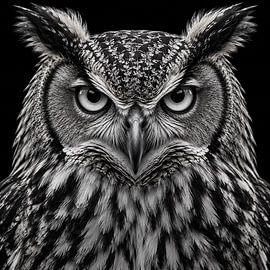 The Wise Gaze – Owl in Black and White by Elisabeth Rozenberg
