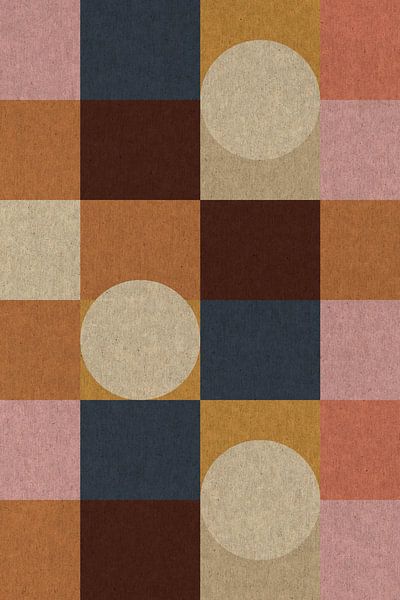 Retro inspirierte abstrakte geometrische Kunst in rosa, gelb, braun, beige und blau 2 von Dina Dankers