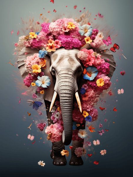 Vibrant Elephant print | elephant | flowers by Eva Lee