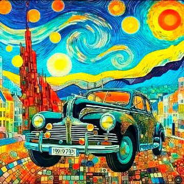 Vrolijke gekleurde auto geïnspireerd door Gustav Klimt en van Gogh.( 1 ) van Ineke de Rijk