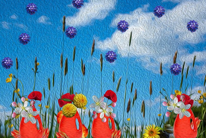 Rode vazen bloemen diamanten blauwe lucht van Susan Hol