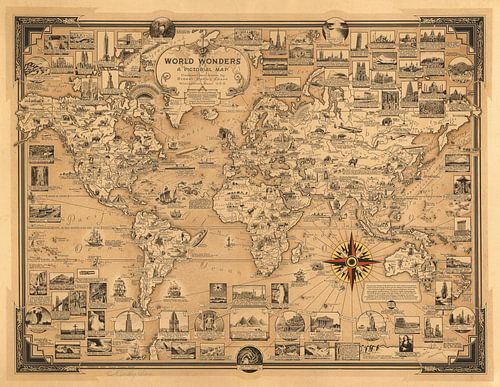 Wereldwonderen, wereldkaart als illustratie