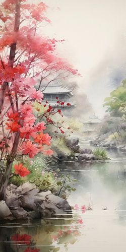 Heel mooi prachtig landschap met water en bergen in azië stijl