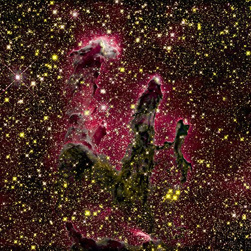 The near-infrared light can penetrate much of the gas and dust, revealing stars behind the nebula