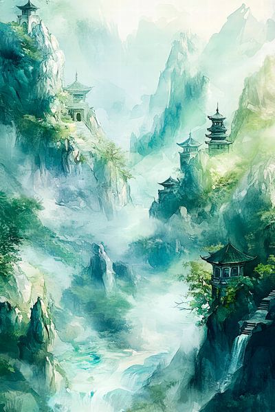 Mountain hills in the mist - Asian landscape by Poster Art Shop