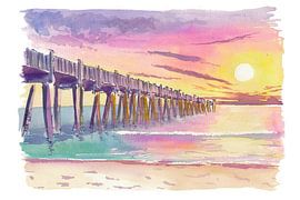 Coucher de soleil sur le Gulf Pier de Pensacola Beach en Floride