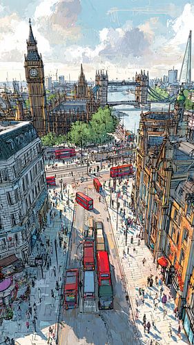 Big Ben en Tower Bridge in Londen in Moderne Illustratieve Stijl