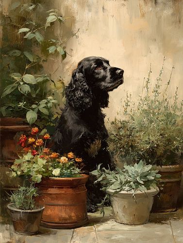 Zwarte cocker spaniel in de kruidentuin