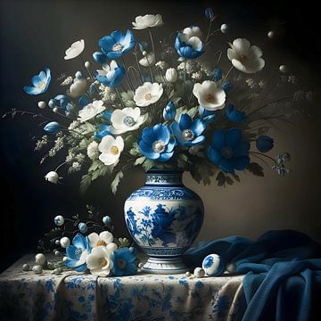 Stilleven; Delftsblauwe vaas met witte en blauwe bloemen van Jessica Berendsen