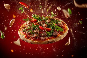 Flying pizza with fresh ingredients by Poster Art Shop