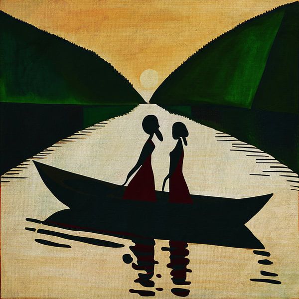 Petit bateau avec des filles africaines au soleil du soir par Jan Keteleer