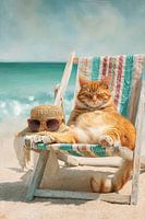 Relaxen op het Strand – Kat in Zomers schilderij