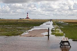Way to the lighthouse Westerheversand at high tide by Alexander Wolff