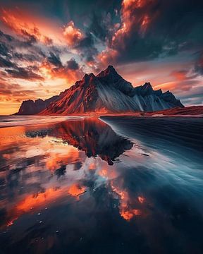 De magie van de IJslandse kust bij zonsondergang van fernlichtsicht