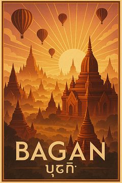 Bagan Vintage Travel Poster - Sonnenaufgang Pagoden & Heißluftballons Kunst