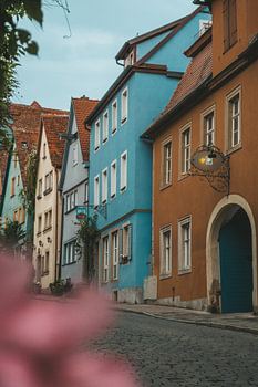 Cute historic street in Rothenburg ob der Tauber Germany.