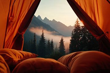 Zeltblick auf sanfte Berglandschaft von Poster Art Shop