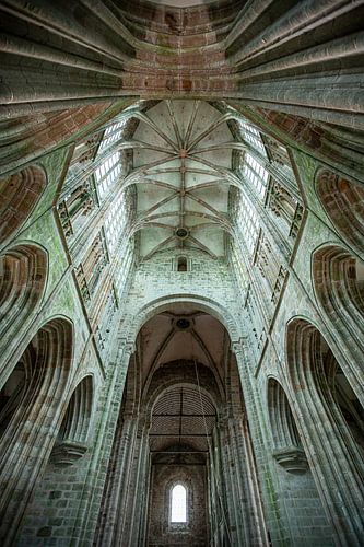 A close-up of the architecture of the cathedral in Mont Saint Michel in France