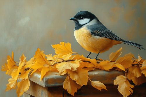 Koolmees met herfstbladeren (in de stijl van Henk Helmantel)