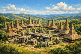 Praijing Village Heritage Panorama, Inspired by Traditional Sumbanese Culture, West Sumba Indonesia Oil Painting by Vínculae