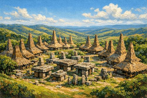 Panorama des Kulturerbes des Dorfes Praijing, inspiriert von der traditionellen Kultur der Sumbaner, West-Sumba, Indonesien – Ölgemälde