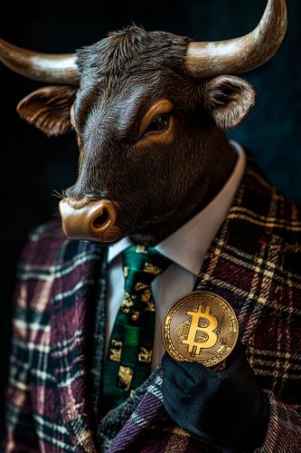Bull mask in a suit with Bitcoin