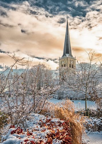 Paysage d'hiver Johanneskerk Tzum, Friesland, Pays-Bas.