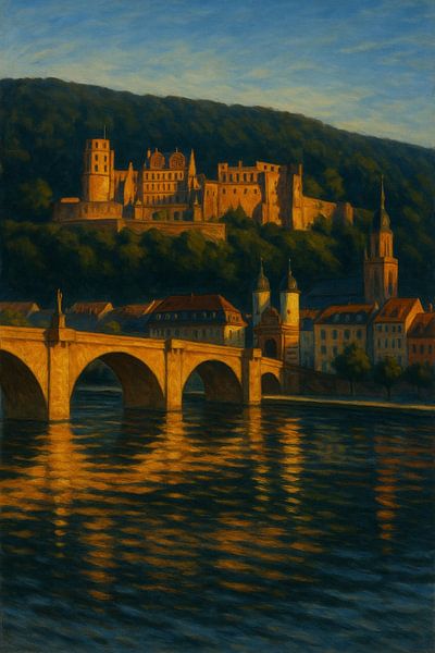 Gouden Reflecties van Kasteel Heidelberg - Sfeervol Stadsgezicht Muurkunst van Travel Shop