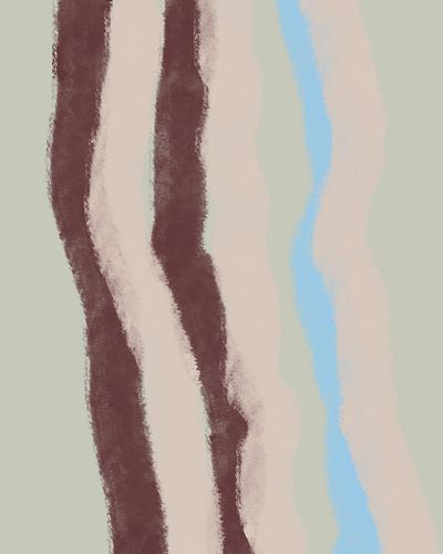 Retro 70s geïnspireerd schilderij met penseelstrepen in roze, bruinrood, neonblauw, mintgrijs