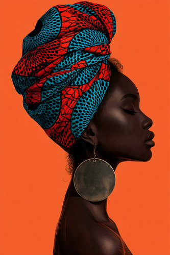 Afrikanische Frau mit Wachs-Turban auf orangefarbenem Hintergrund