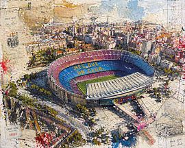 Peinture représentant le stade de football de Barcelone. sur Galerie Hoppenbrouwers