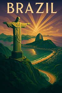 Brasilien Art Deco Poster - Christus der Erlöser über Rio de Janeiro