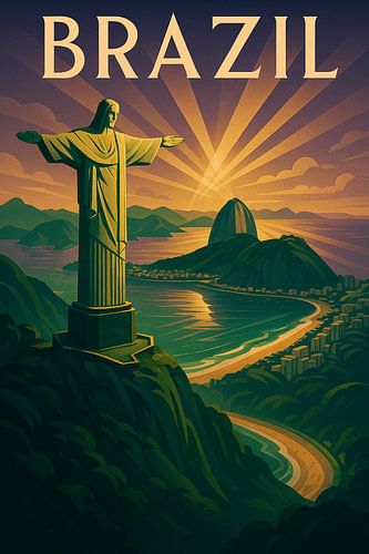 Brazil Art Deco Poster – Christ the Redeemer Over Rio de Janeiro