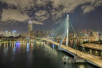 Le pont Erasmus de Rotterdam et la ligne d'horizon de nuit