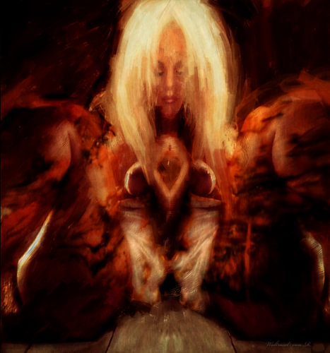 Innschau & Prière silencieuse – Femme en méditation baignée d'une lumière ardente (peinture à l'huile classique)