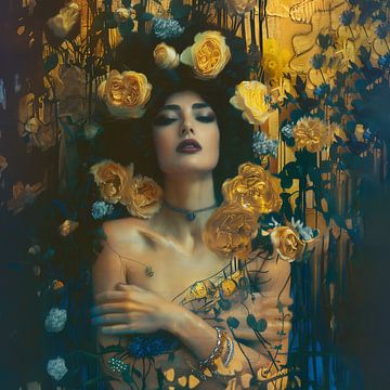 Een Mystieke Schoonheid omringd door Gouden Bloemen in een Dromerige Wereld van Glitzy Fusion Frames