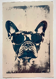 Französische Bulldogge mit Leoparden-Brille – Pop-Art Hundeporträt im Vintage-Siebdruck-Stil von Dave Schloffi