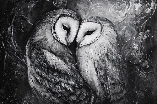 Intiem uilenpaar in zwart-wit
