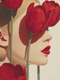 Woman with Red Tulips Before Her Eyes – Elegant Floral Art for the Wall by SPEQ ART